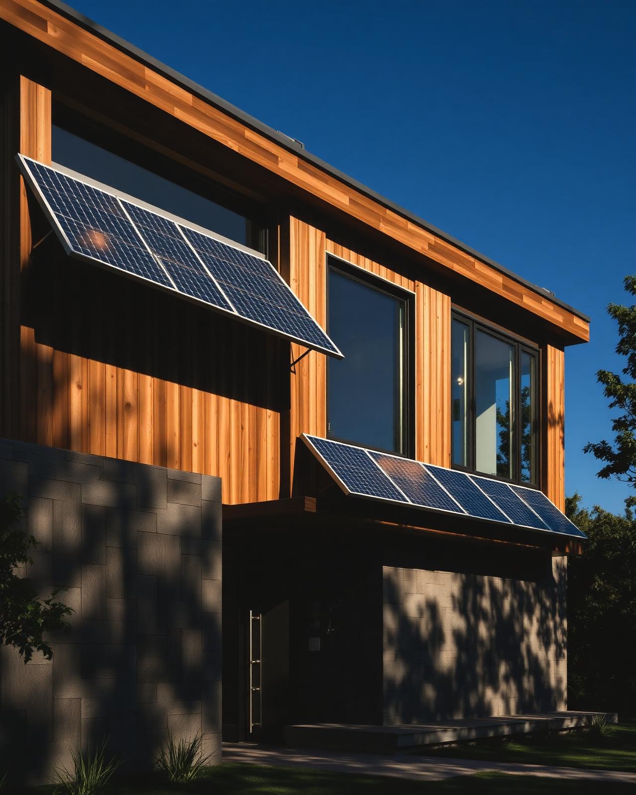 Architectural exterior with integrated solar panels